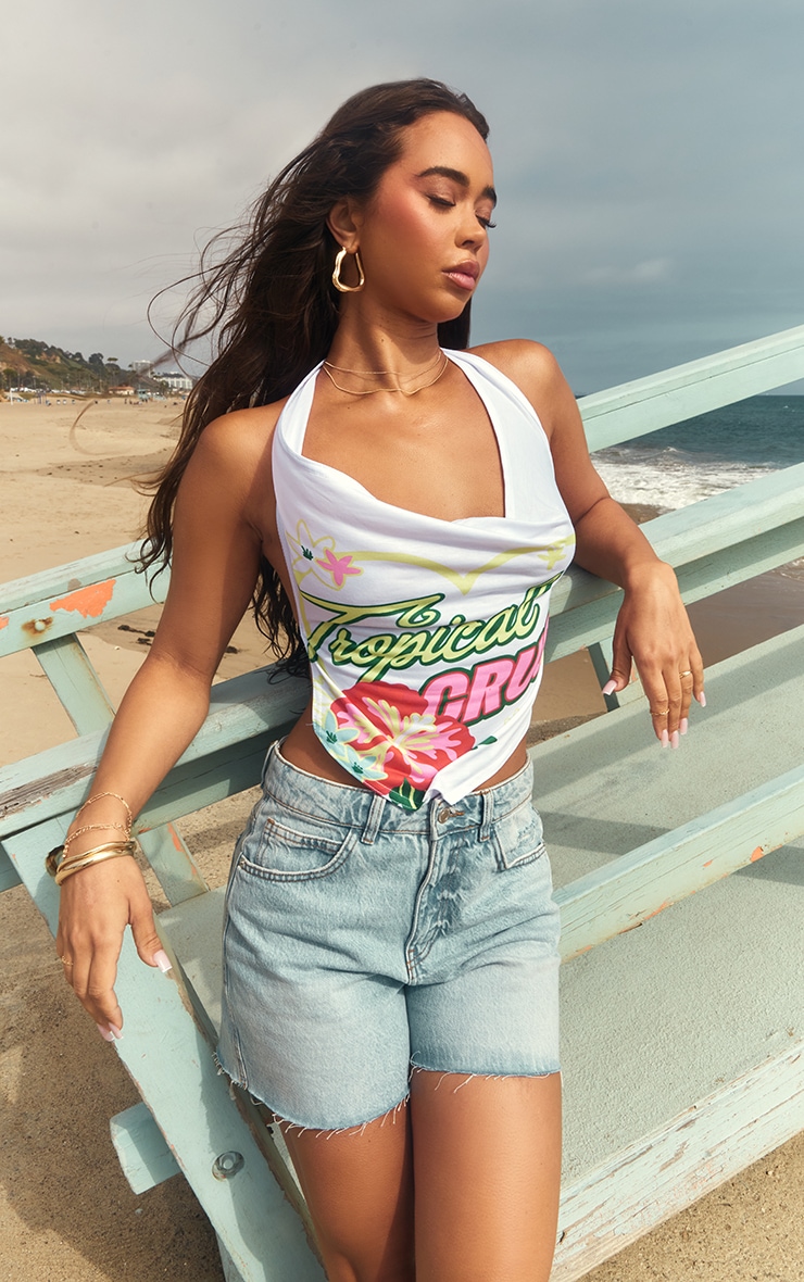 White Tropical Print Cowl Crop Top image 4
