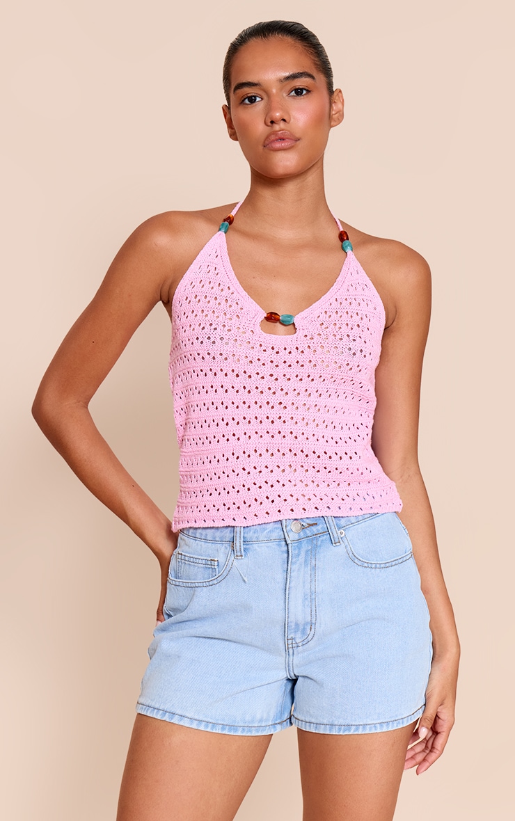Pink Crochet Bead Detail Halter Top image 4
