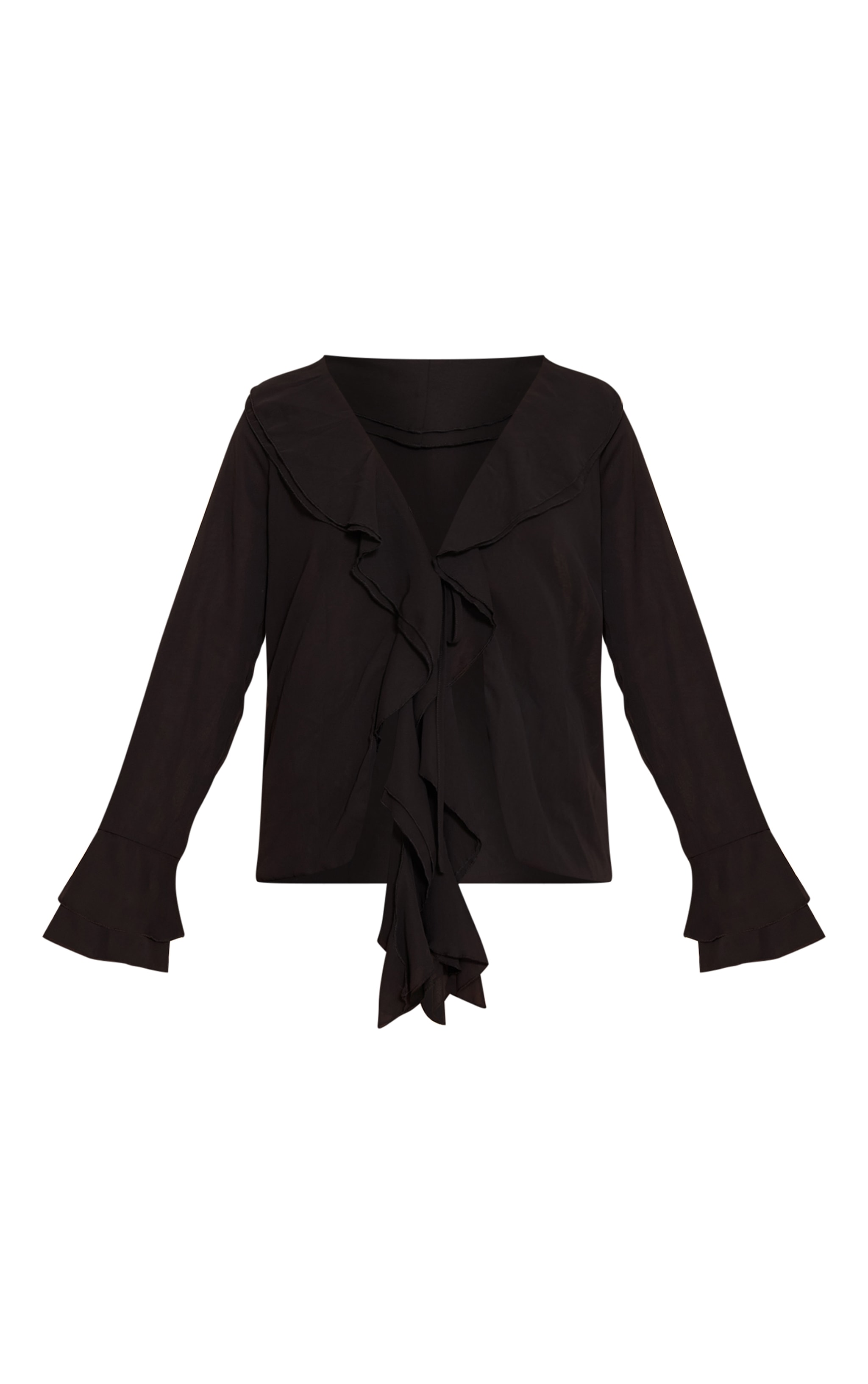 Black Chiffon Frill Plunge Long Sleeve Top image 5