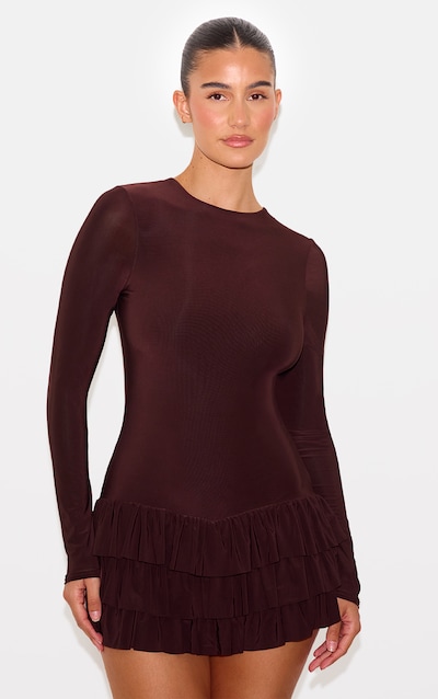 Combishort jupe-short style tutu moulant doublé chocolat à manches longues