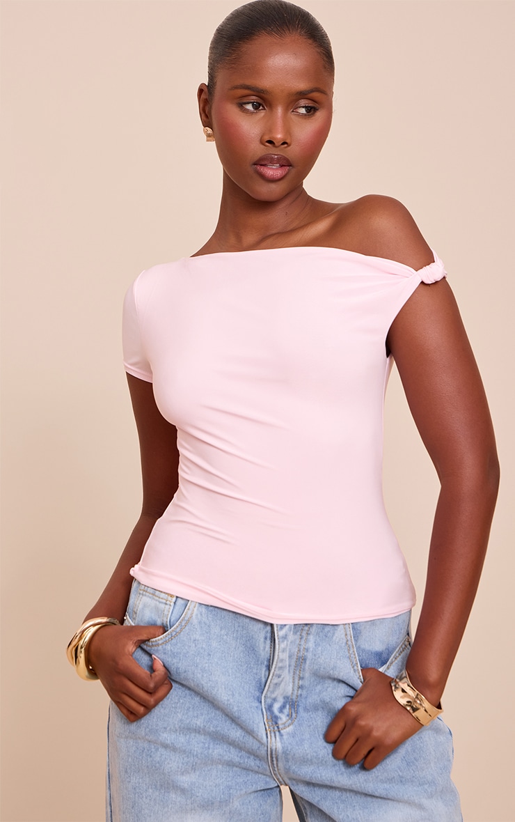 Baby Pink Double Layer Asymmetric Knot Long Top | Tops