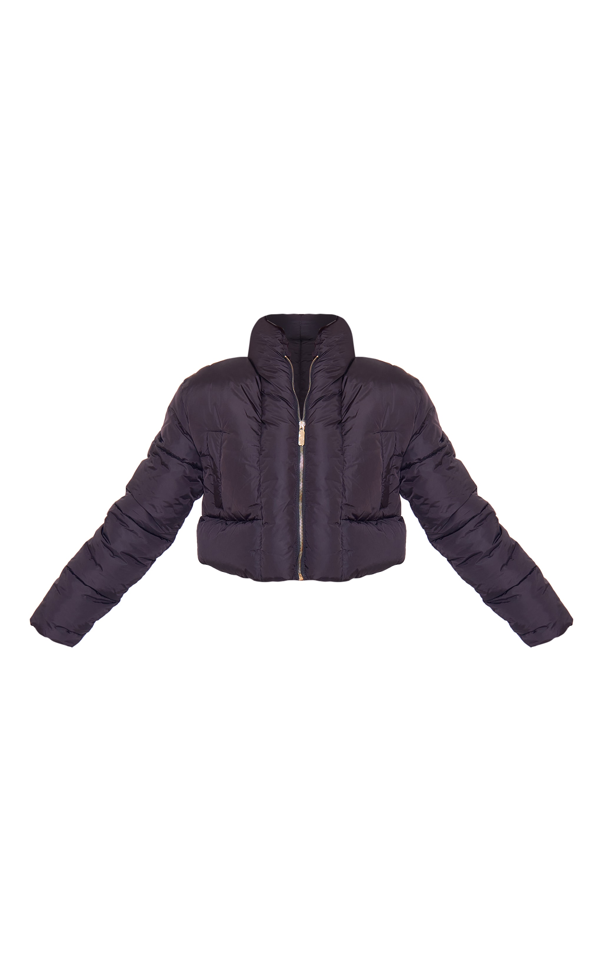 Black Curved Collar Seam Detail Cropped Puffer Jacket image 5