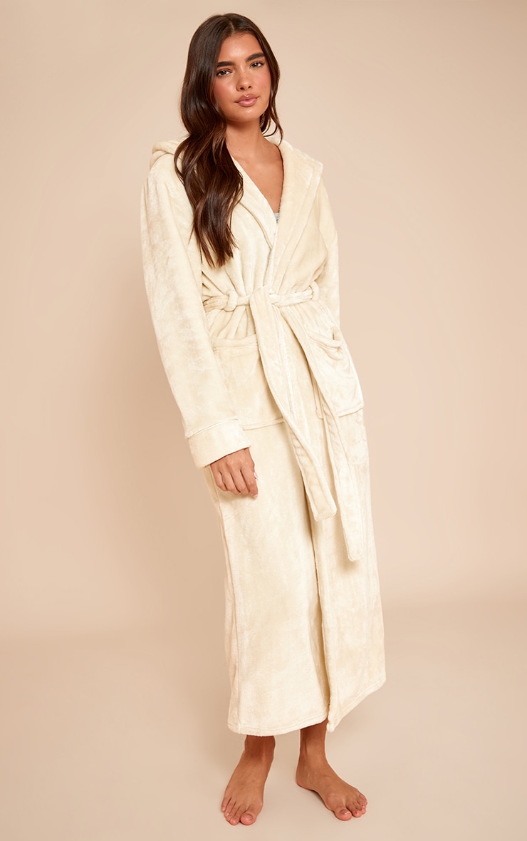 Cream Fleece Maxi Hooded Dressing Gown image 3