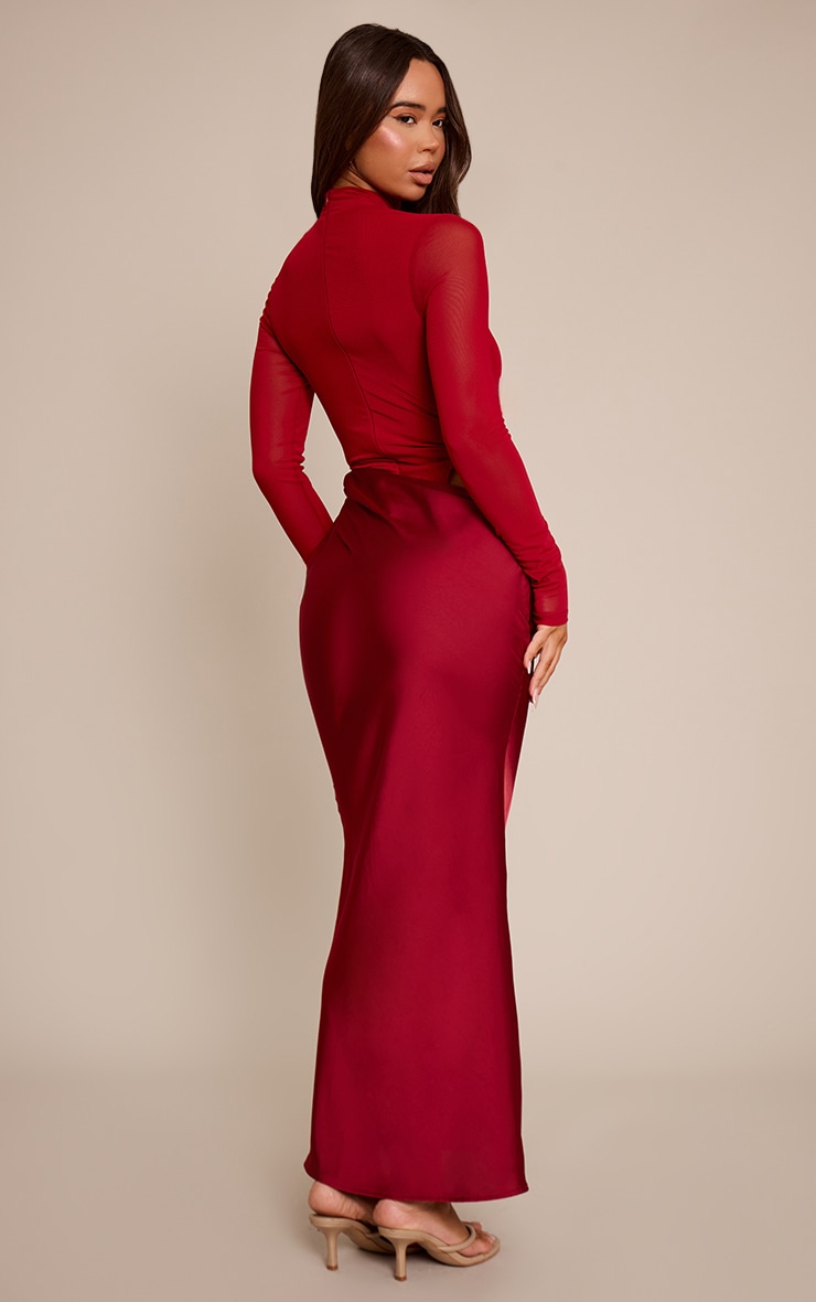 Wine Mesh Long Sleeve Draped Maxi Dress image 2