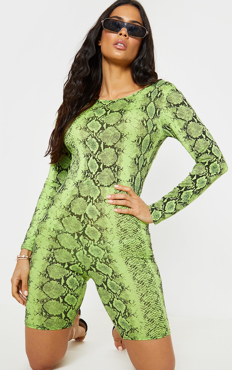 Lime Snake Print Long Sleeve Scoop Back Unitard | PrettyLittleThing USA