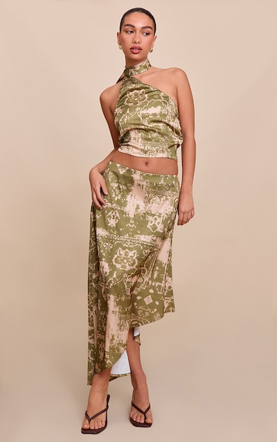 Khaki Printed Satin Asymmetric Midi Skirt