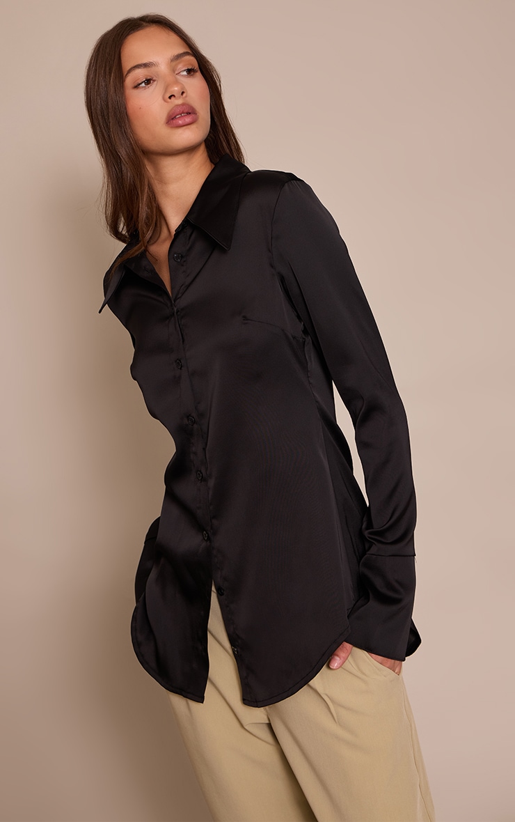 Black Satin Oversized Collar Button Down Fitted Shirt image 1