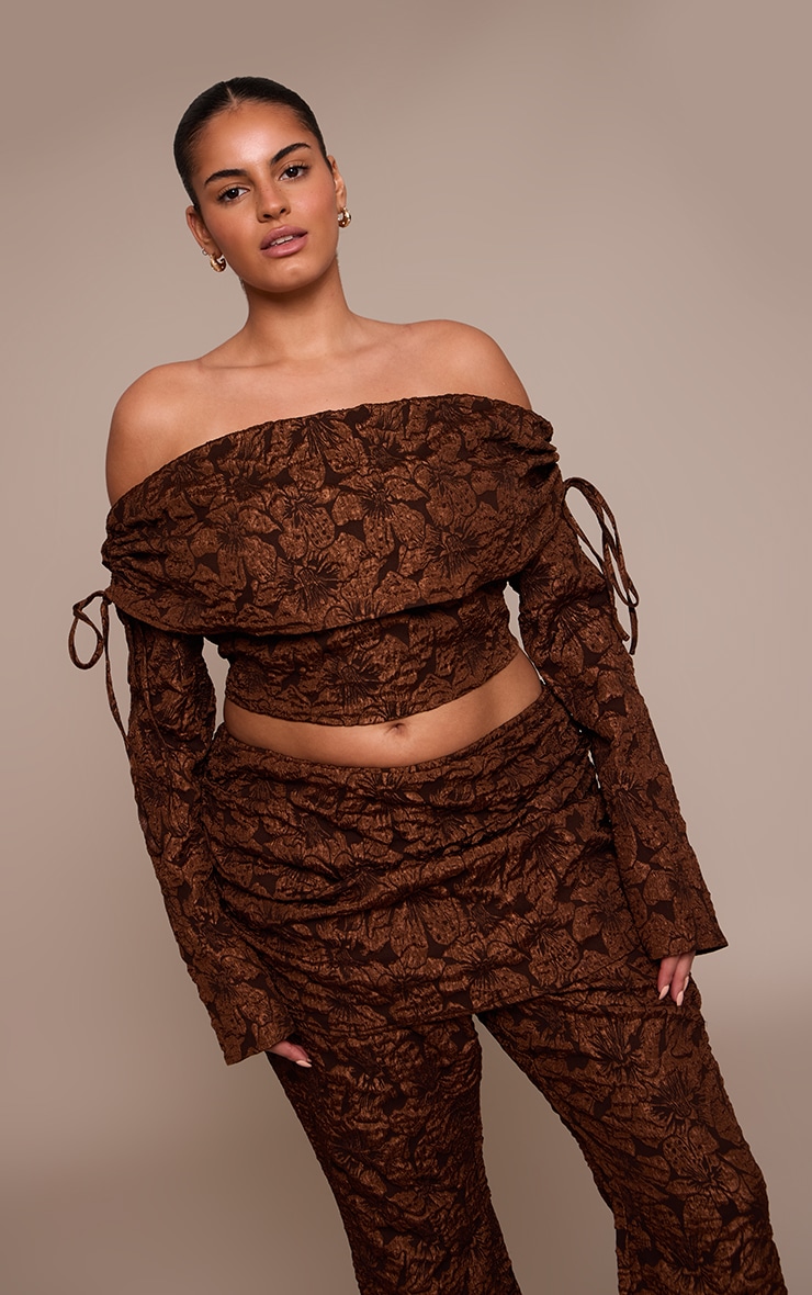 Plus Chocolate Floral Jacquard Bardot Top