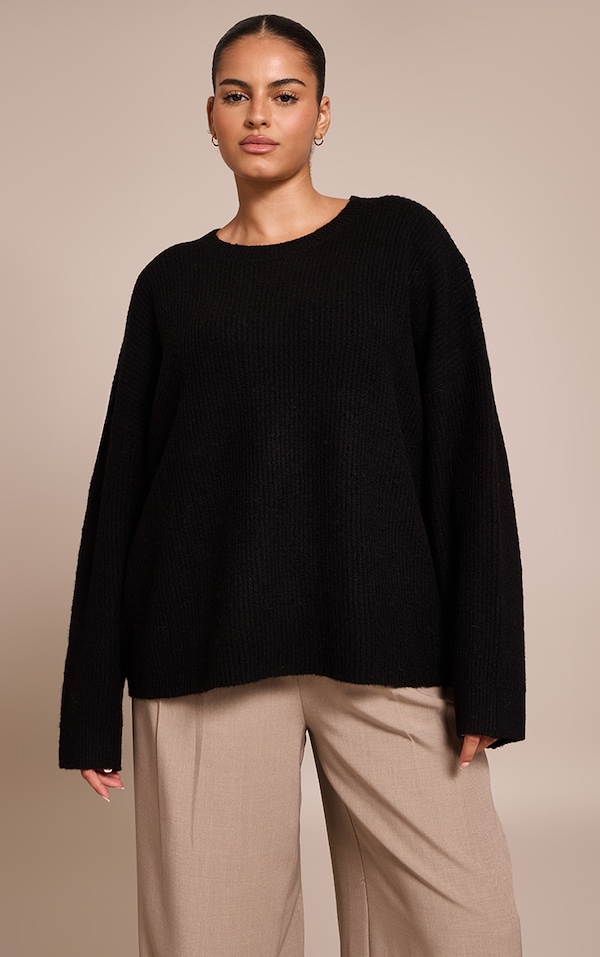 Plus Black Round Neck Knit Raglan Sleeve Sweater