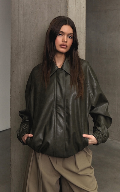 Khaki Embossed Back Faux Leather Biker Jacket