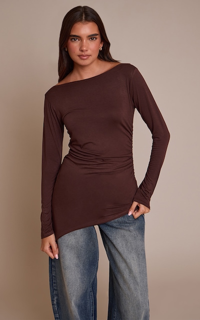 Chocolate Asymmetric Hem Detail Long Sleeve Top