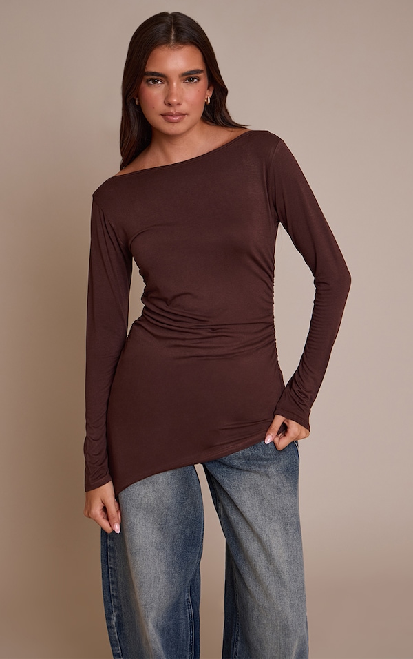 Chocolate Asymmetric Hem Detail Long Sleeve Top 