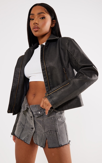 Grey Distressed Look Faux Leather Boxy Fit Biker Jacket