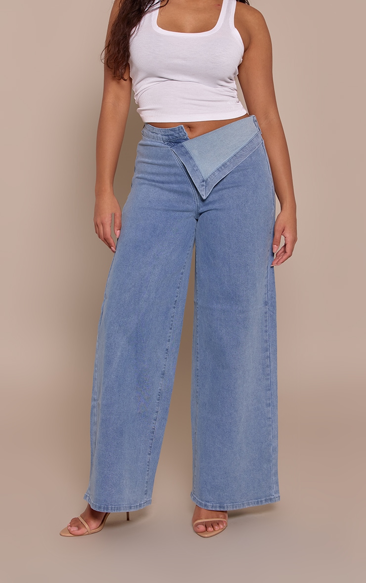 Shape Light Blue Wash Stretch Foldover Waist Wide Leg Jeans image 2