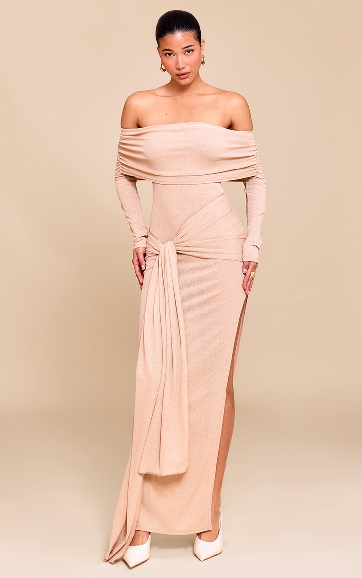 Taupe Onion Skin Bardot Tie Waist Maxi Dress image 3