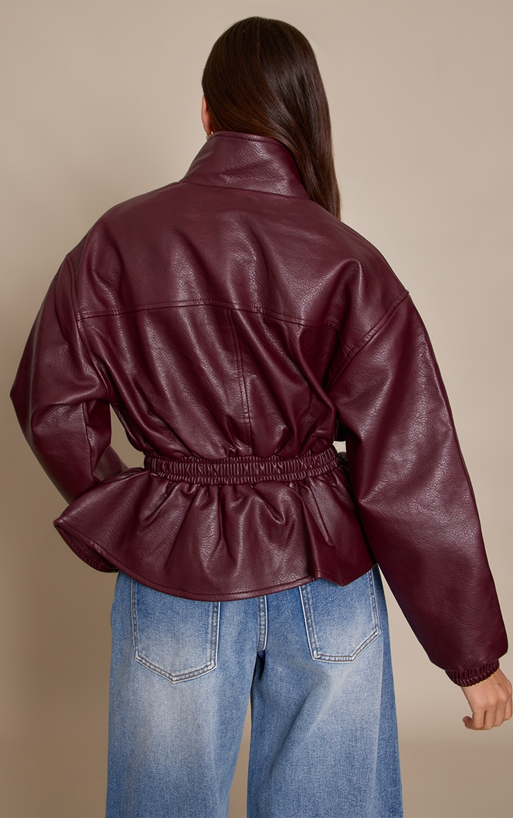 Chocolate Plum High Neck Cinched Waist Faux Leather Jacket image 2