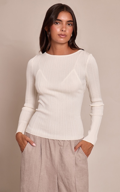 Cream Fine Knit Boat Neck Rib Knit Top