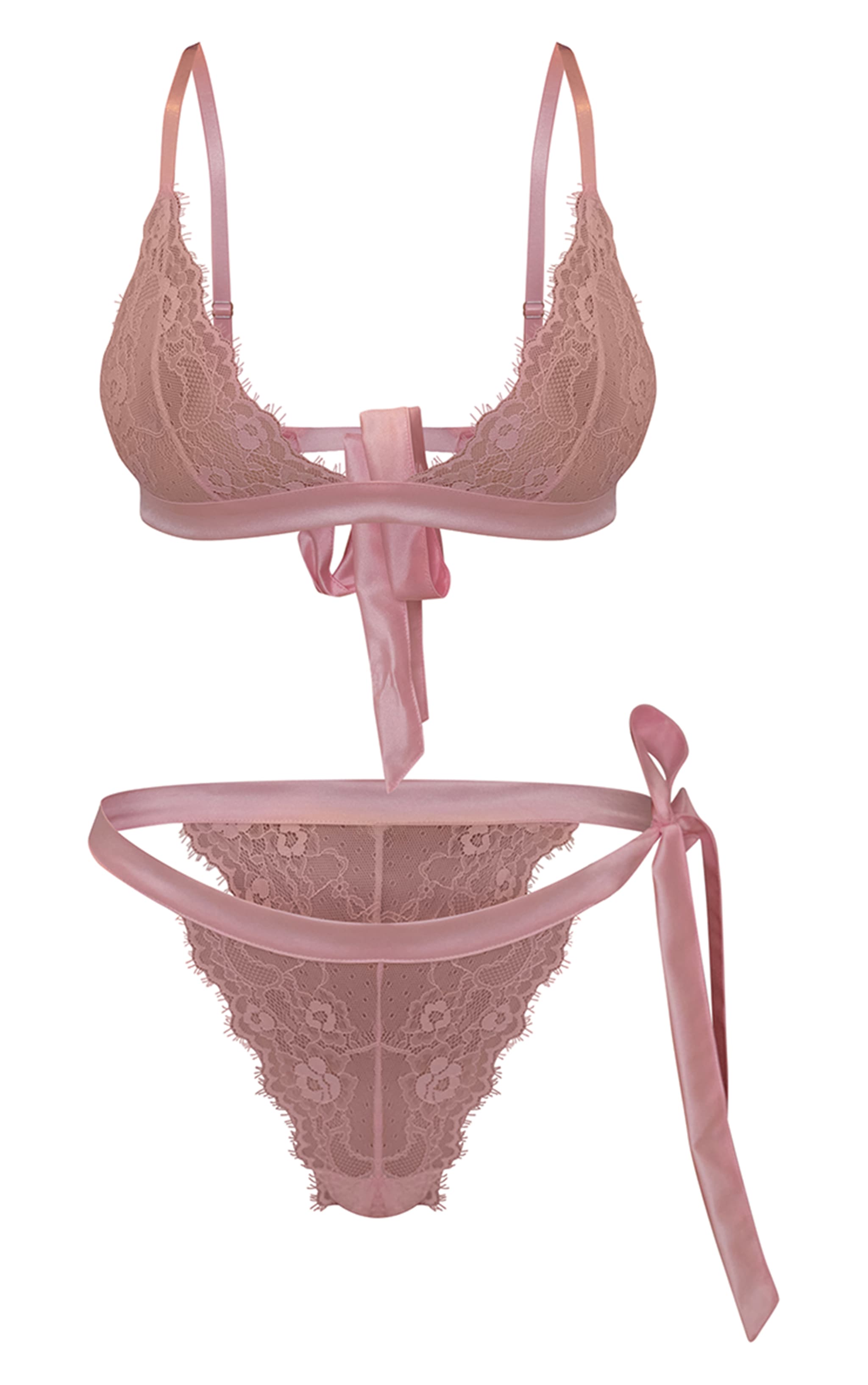 Pink Tie Up Detail Lace Triangle Bra & Knicker Set  image 6