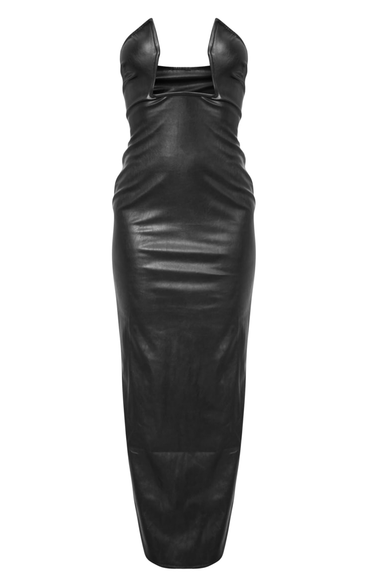 Robe longue en PU noir à barre en V extrême image 5