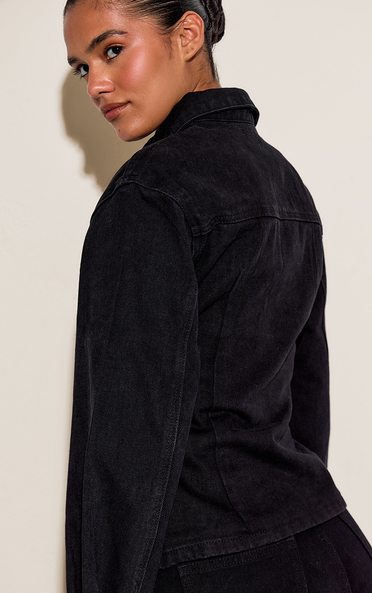 Washed Black Long Sleeve Cinch Waist Denim Jacket image 2