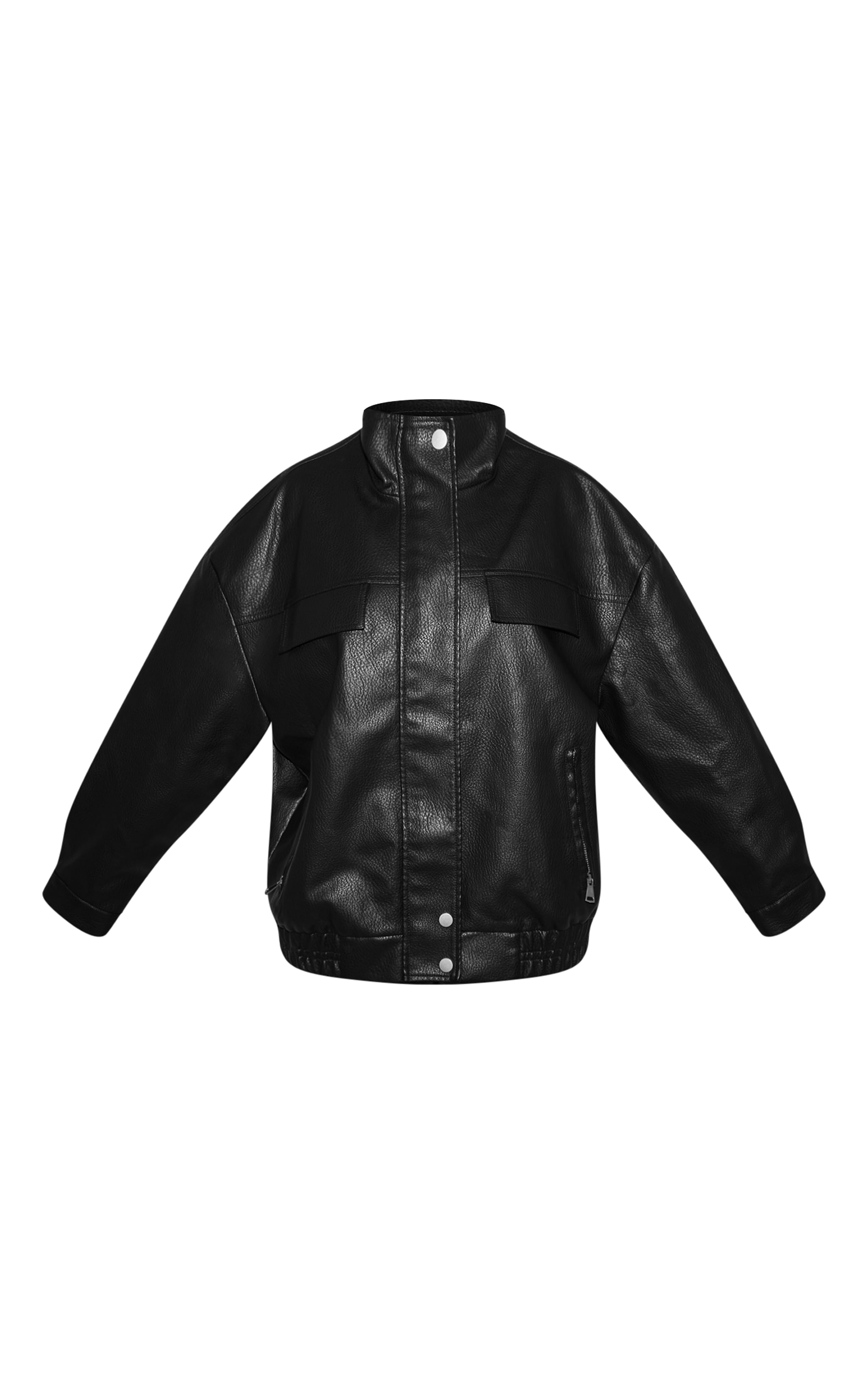 Black Funnel Neck Concealed Placket Faux Leather Jacket image 5