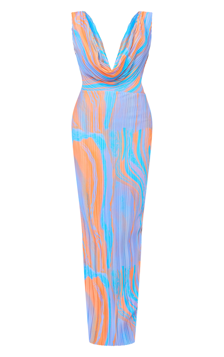 Orange Abstract Print Plisse Cowl Plunge Maxi Dress image 5