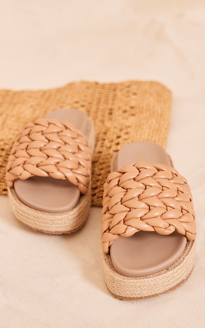 Tan Pu Woven Round Toe Platform Chunky Espadrille Sandals
