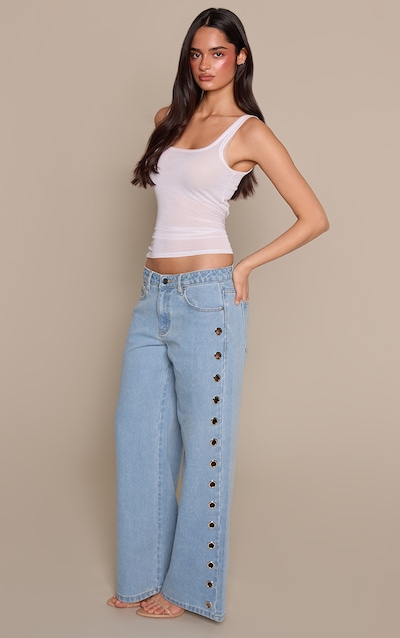 Ice Blue Eyelet Detail Wide Leg Jeans