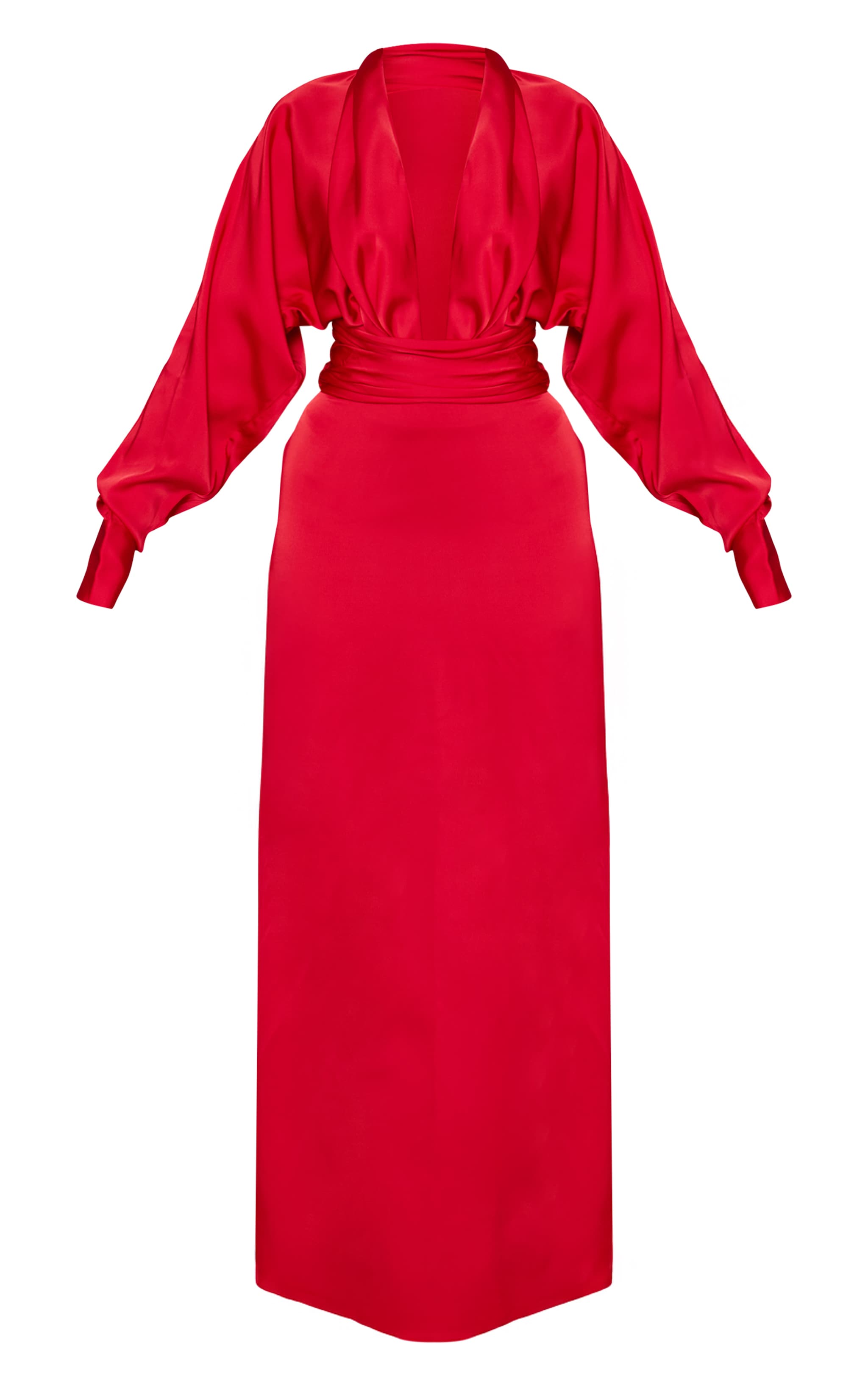 PLT Label Red Satin Long Sleeve Plunge Maxi Dress image 5