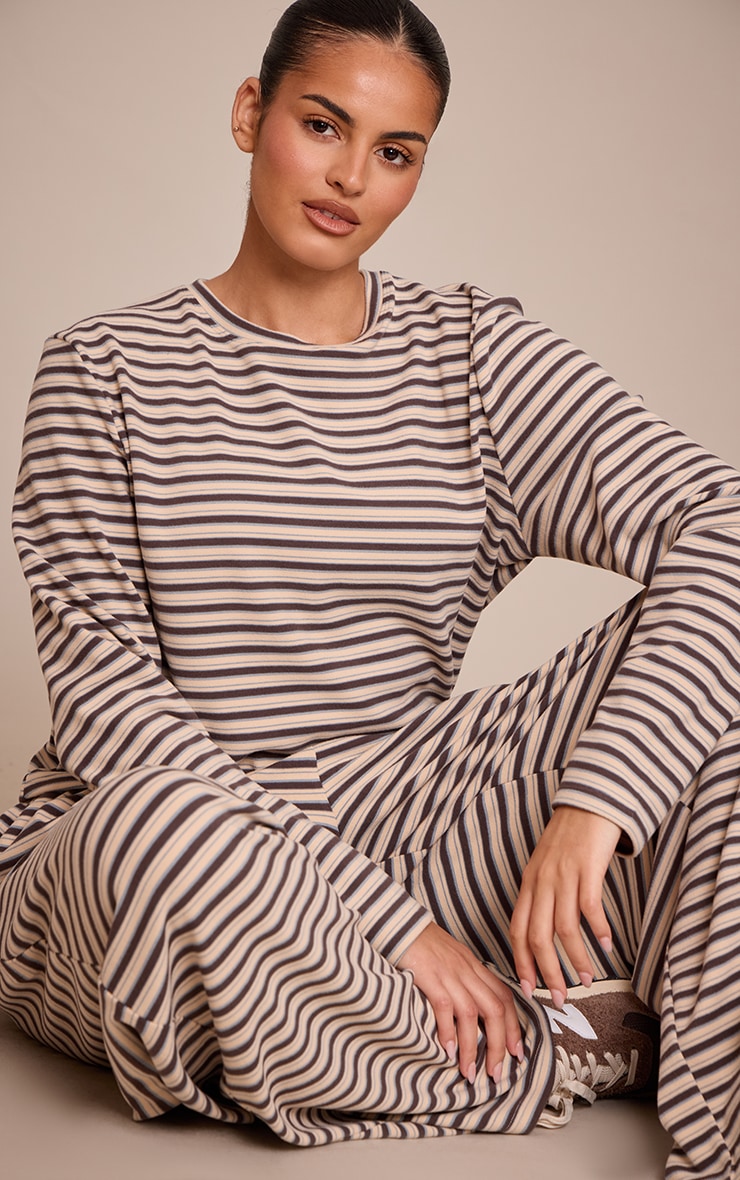 Plus Brown Striped Soft Fleece Long Sleeve Top image 1