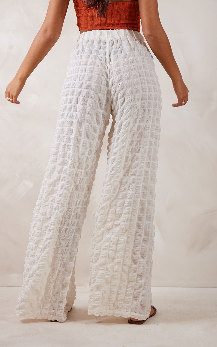 Tall Cream Bubble Textured Drawstring Flared Trousers image 3