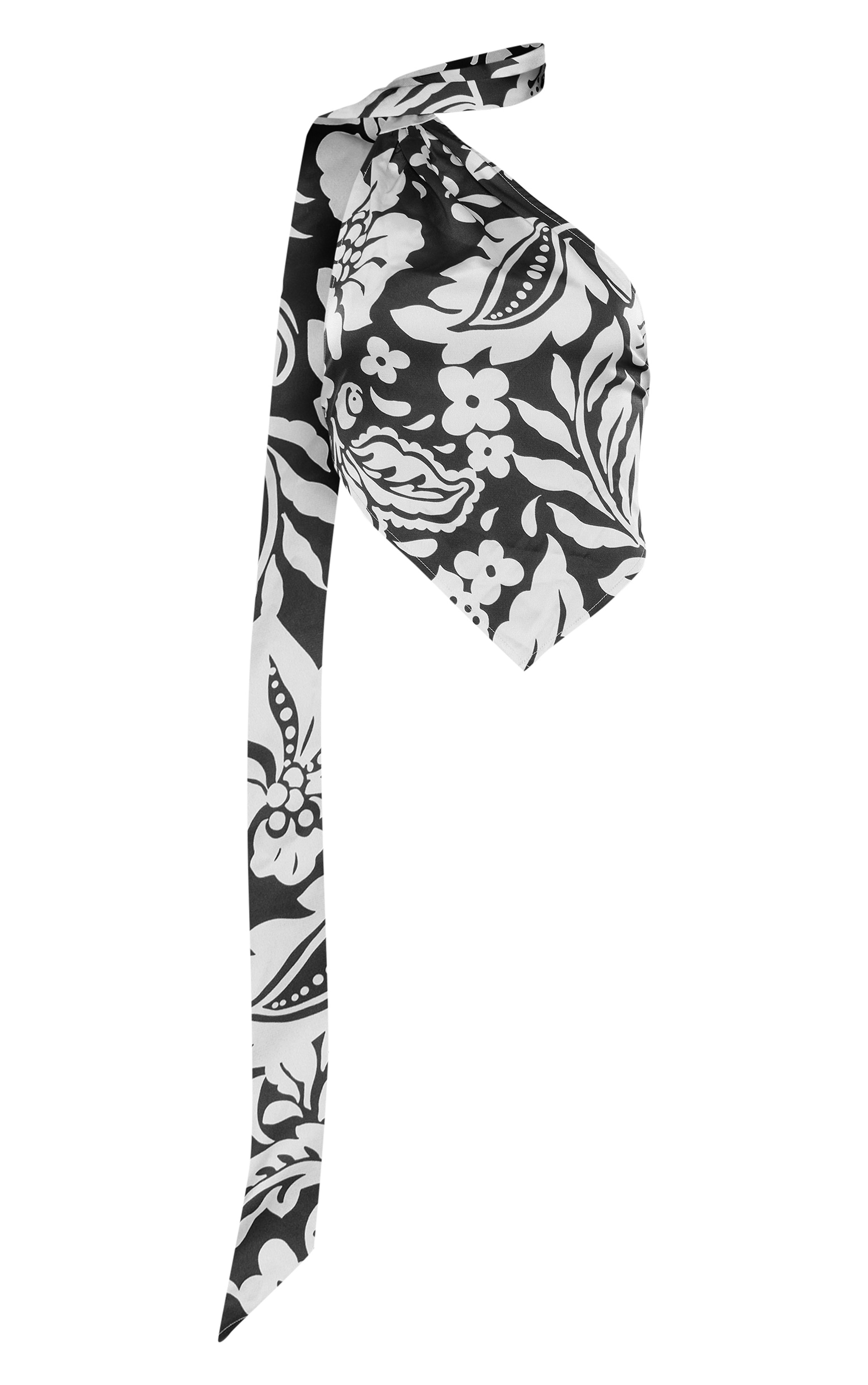 Black Floral Printed Satin Scarf Detail Halterneck Crop Top image 5