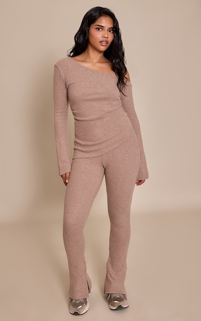 Petite Taupe Ribbed Flare Pants