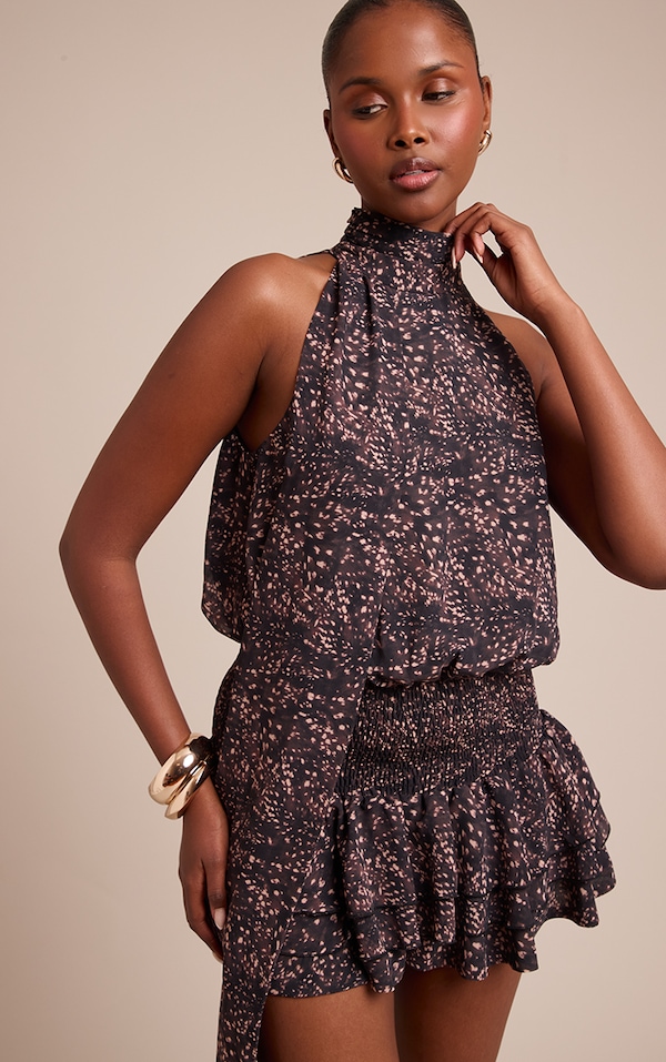 Black Print Chiffon Scarf Detail Skort Playsuit