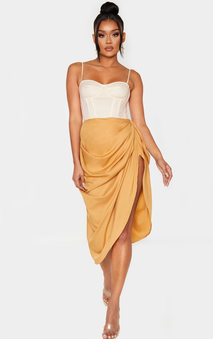 Camel Ruched Side Midi Skirt