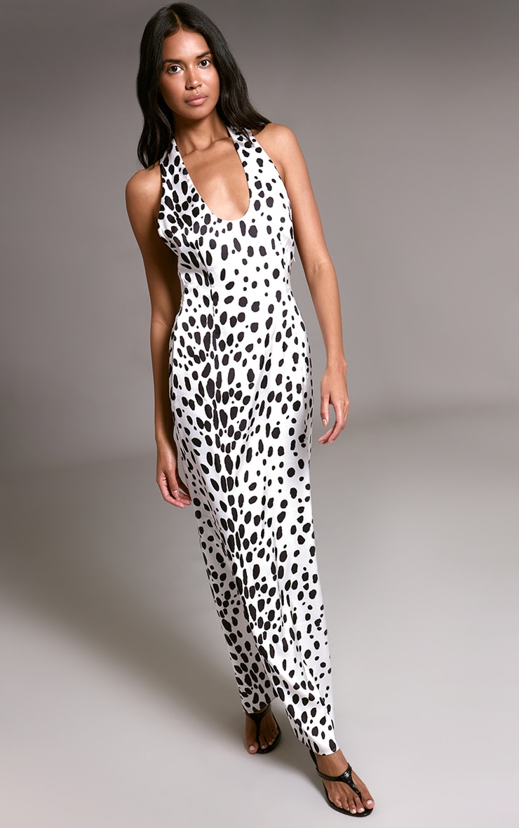 Dalmatian Printed Satin V Neck Cut Out Back Maxi Dress image 3