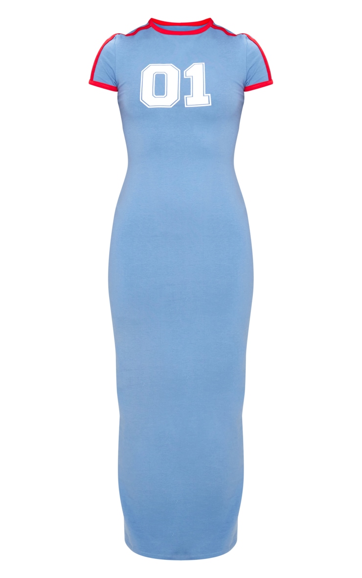 Robe mi-longue bleu-gris contrasté en coton style universitaire image 4