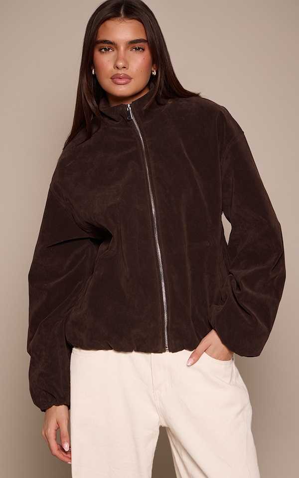Dark Brown Faux Suede Bomber Jacket
