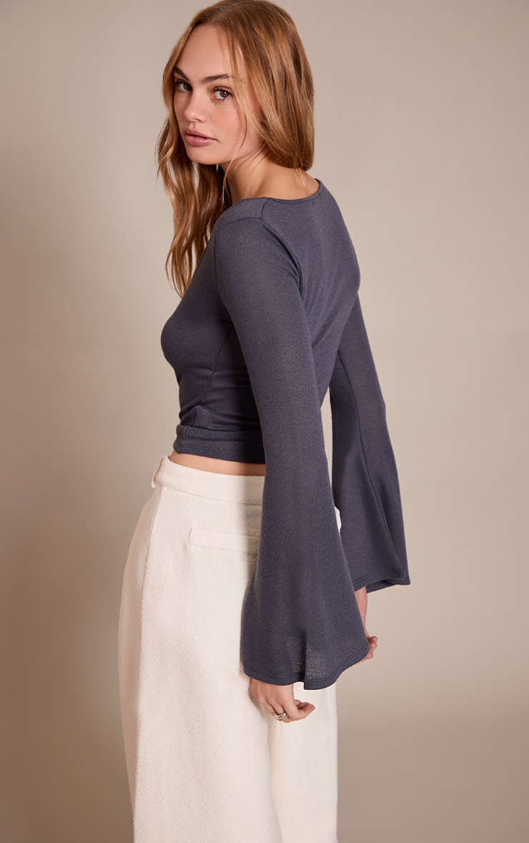 Charcoal Textured Jersey Scoop Neck Flared Long Sleeve Top image 2