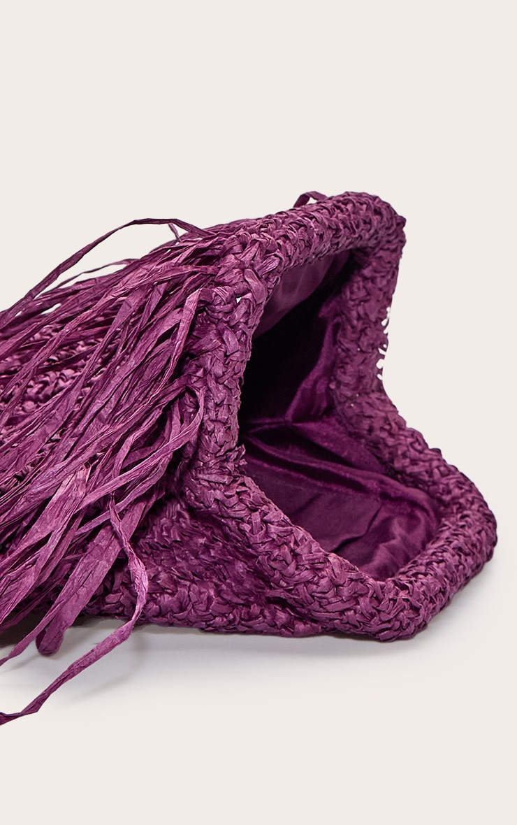 Plum Slouchy Raffia Fringe Clutch image 5