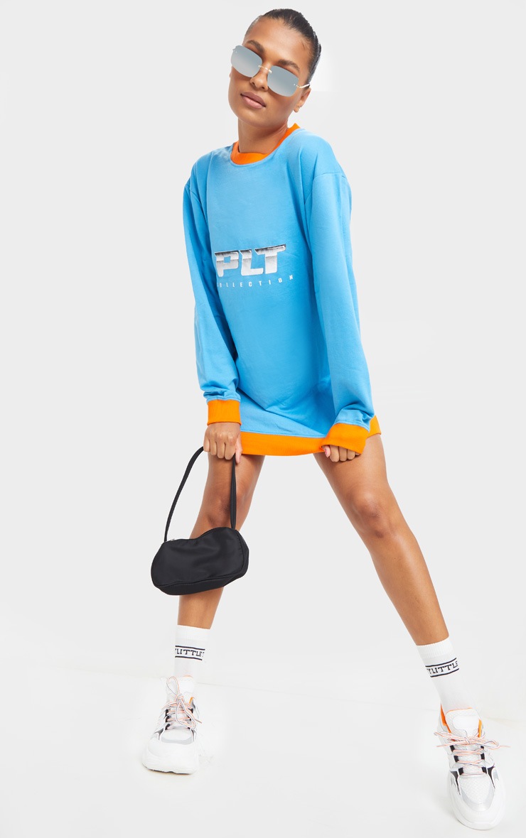 PRETTYLITTLETHING Aqua Contrast Trim Oversized Sweater Dress