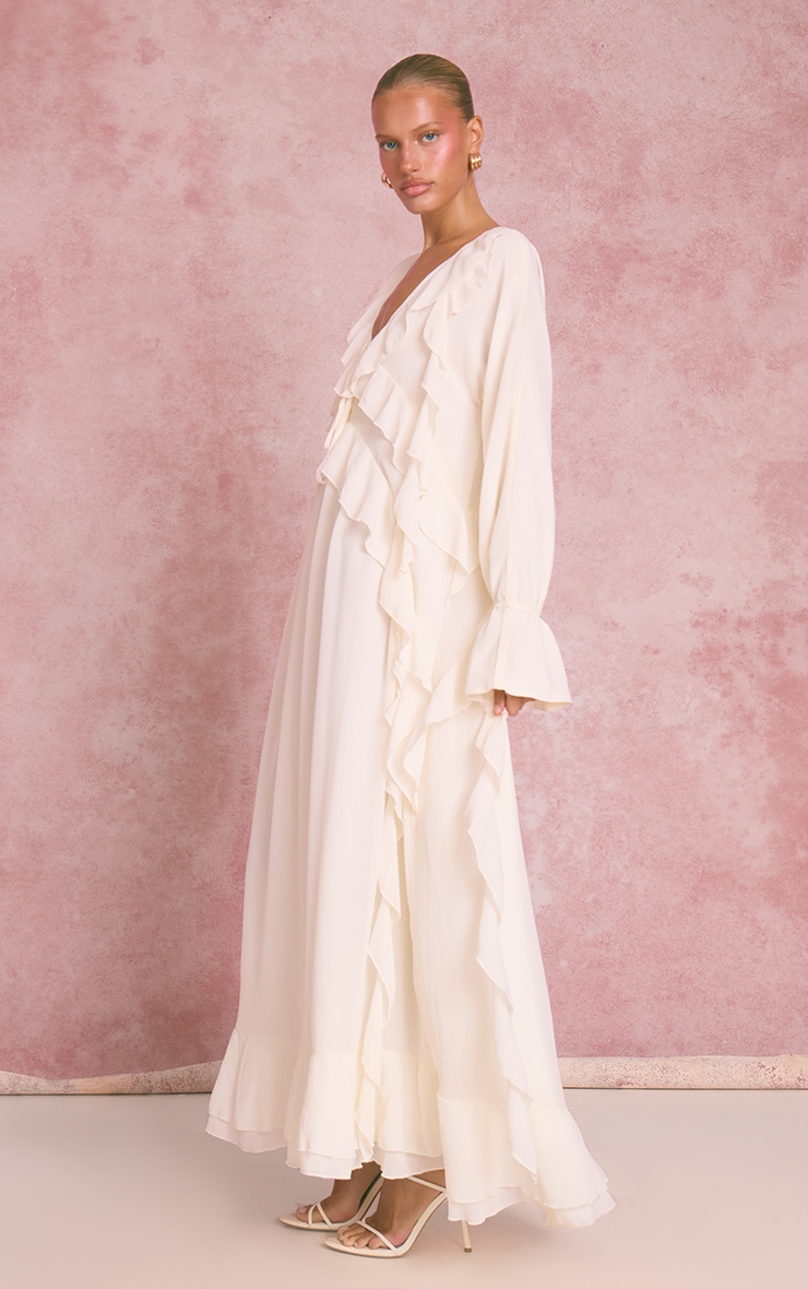 Cream Chiffon Plunge Extreme Frill Maxi Dress image 3
