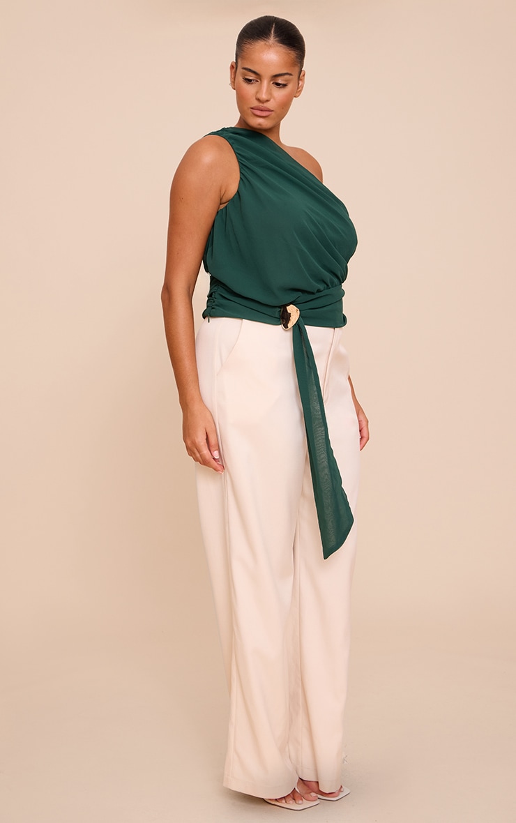 Plus Forest Green Chiffon One Shoulder Ruched Trim Drape Top image 3