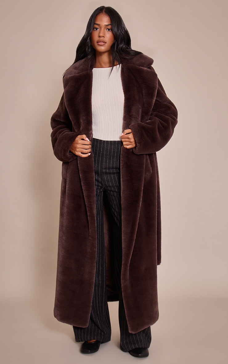 Tall Chocolate Faux Fur Tie Waist Maxi Coat Tall PLT IRE