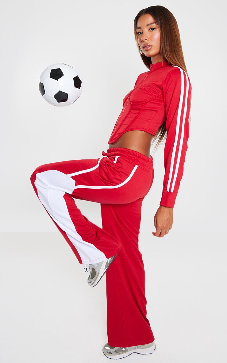 Red Stripe Sleeve Corset Detail Crop Zip Sweatshirt image 3