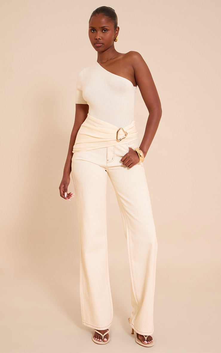 Cream One Shoulder Asymmetric Trim Detail Knit Top image 3