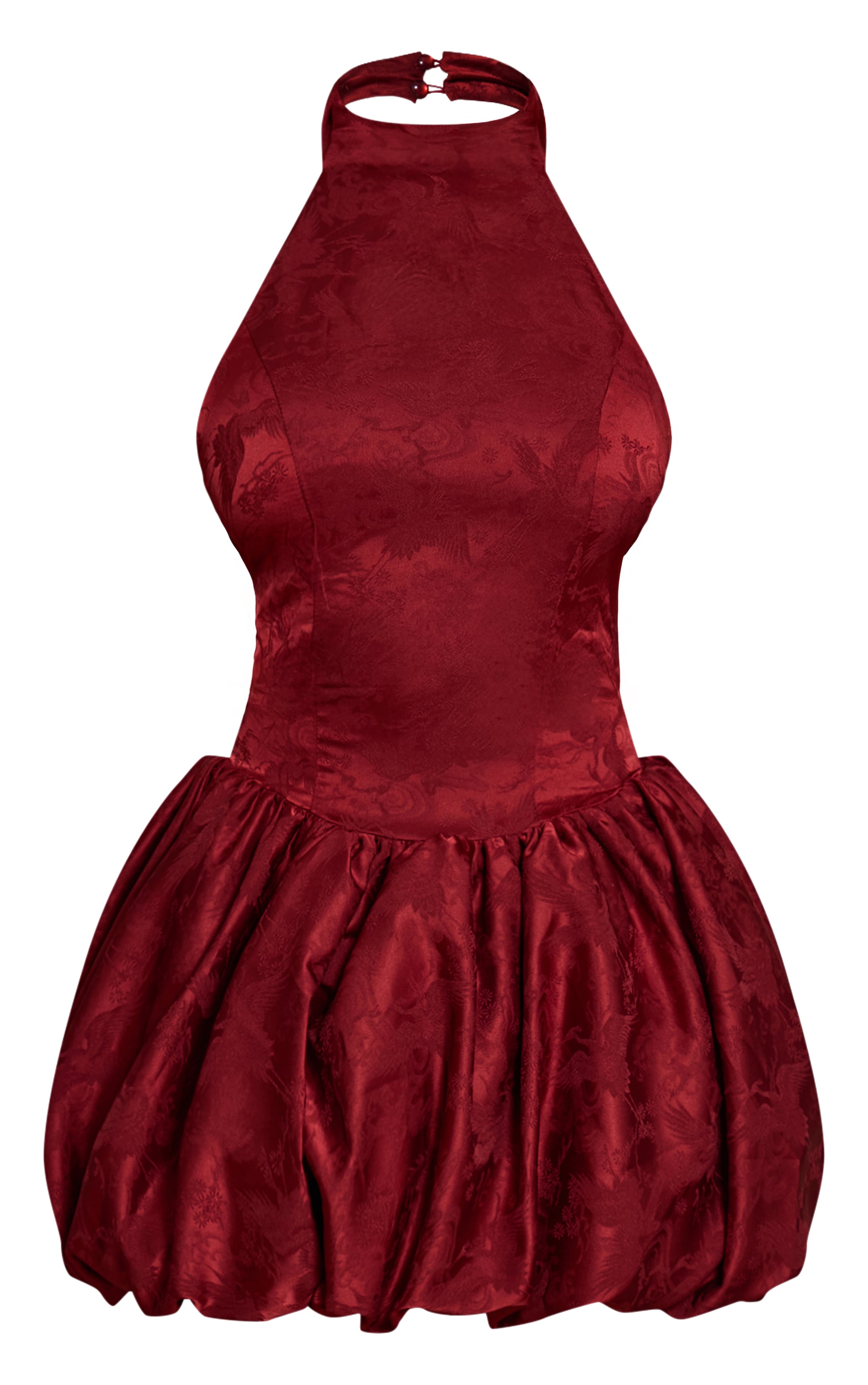 Burgundy Woven Jacquard Halterneck Puffball Dress image 5