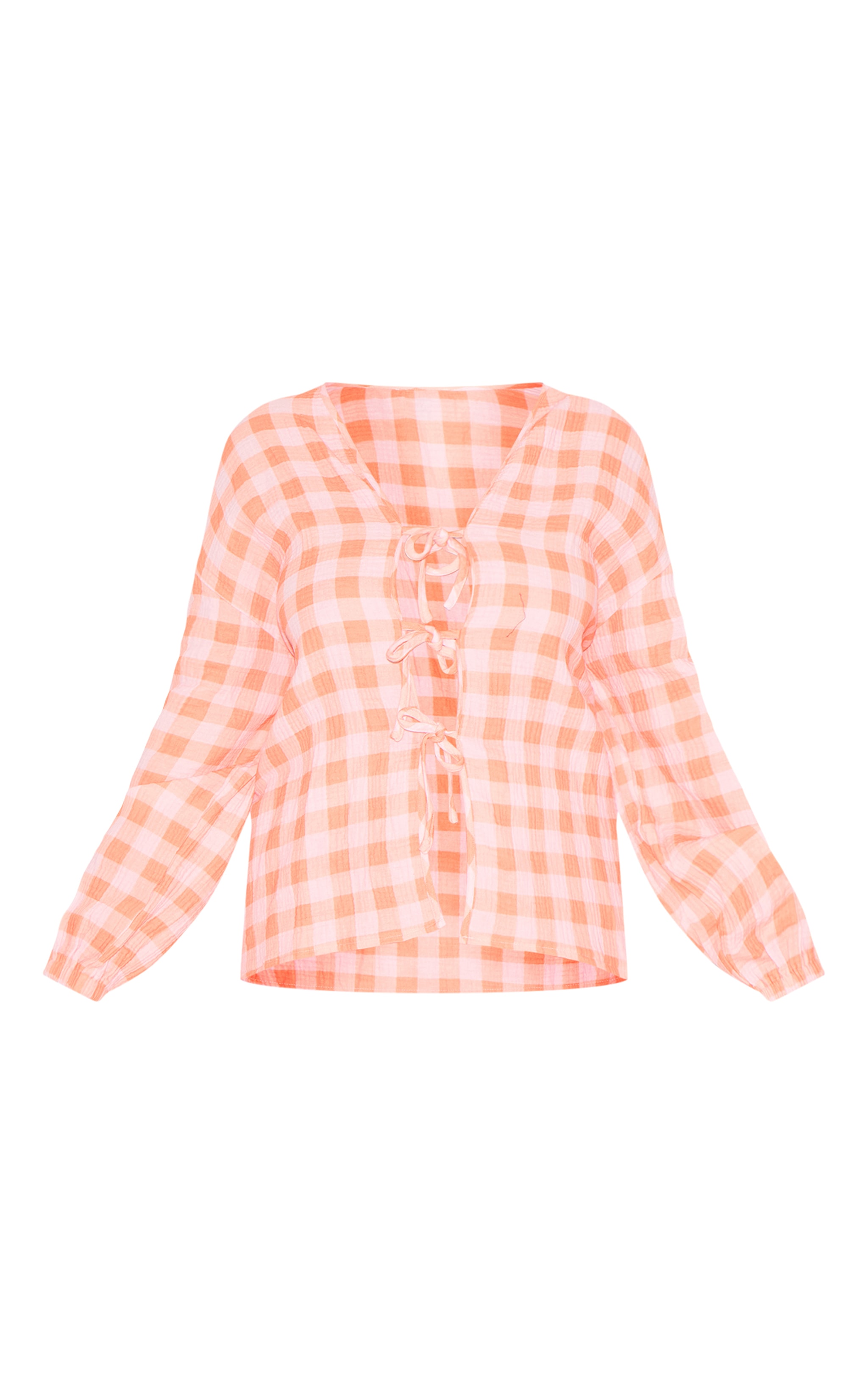 Plus Orange Checked Cheesecloth Tie Front Long Sleeve Shirt image 1