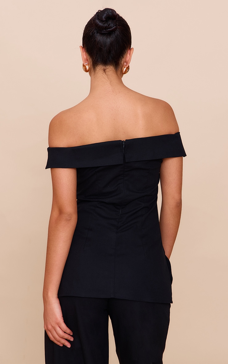 Black Textured Fold Over Bardot Long Top image 2