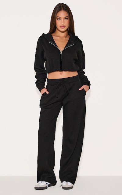 Black Waffle Detail Wide Leg Pants